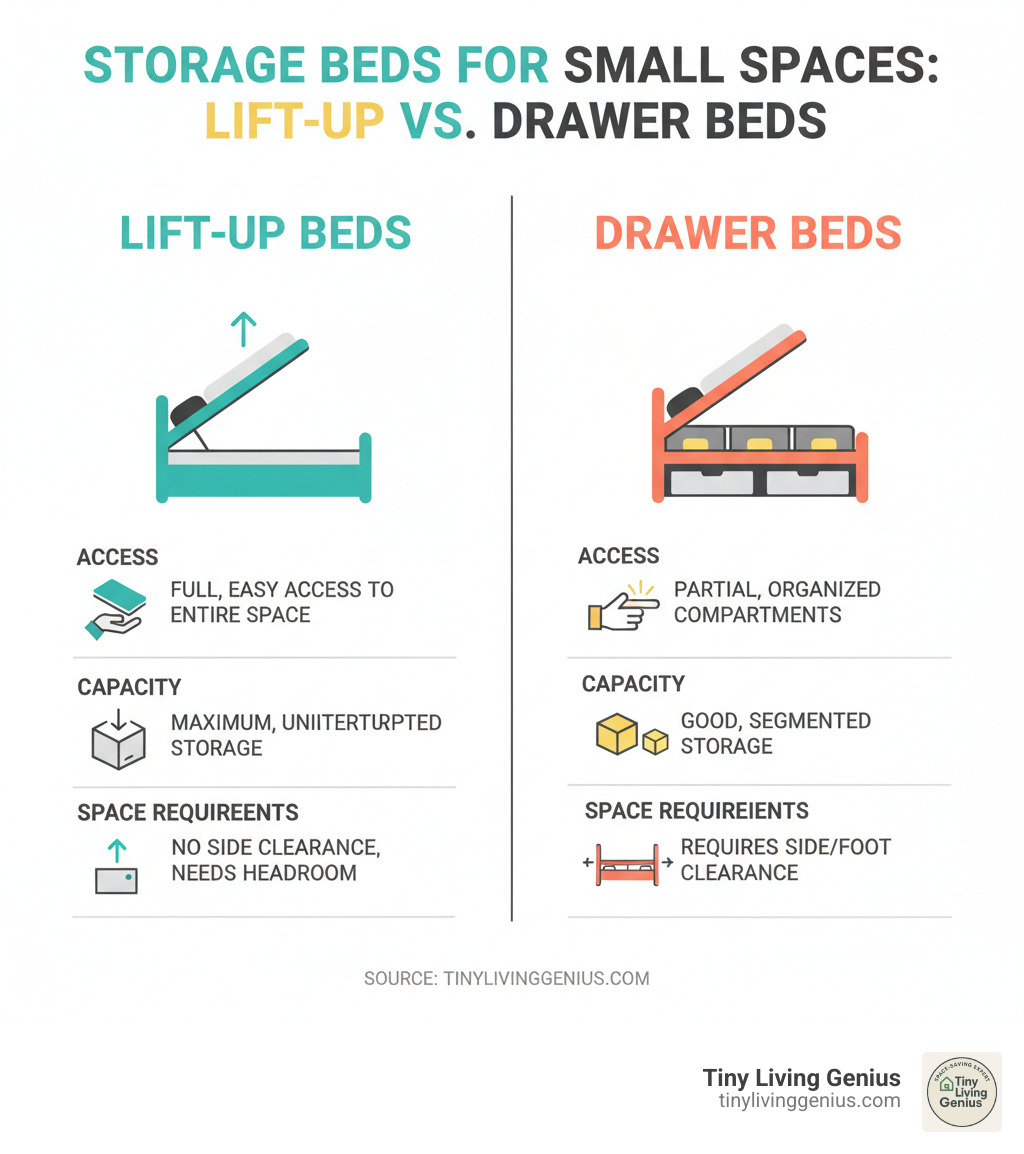 Table comparing Lift-Up vs. Drawer Beds on factors like Access, Capacity, and Space Requirements - storage beds for small spaces infographic 