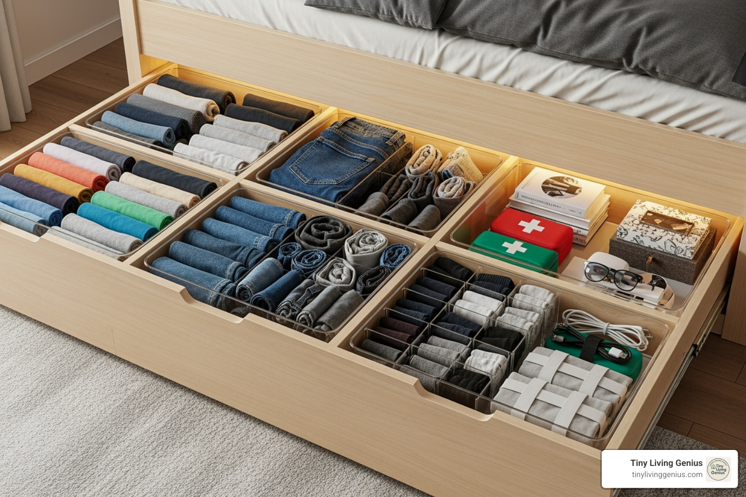 neatly organized under-bed drawers with dividers - storage beds for small spaces
