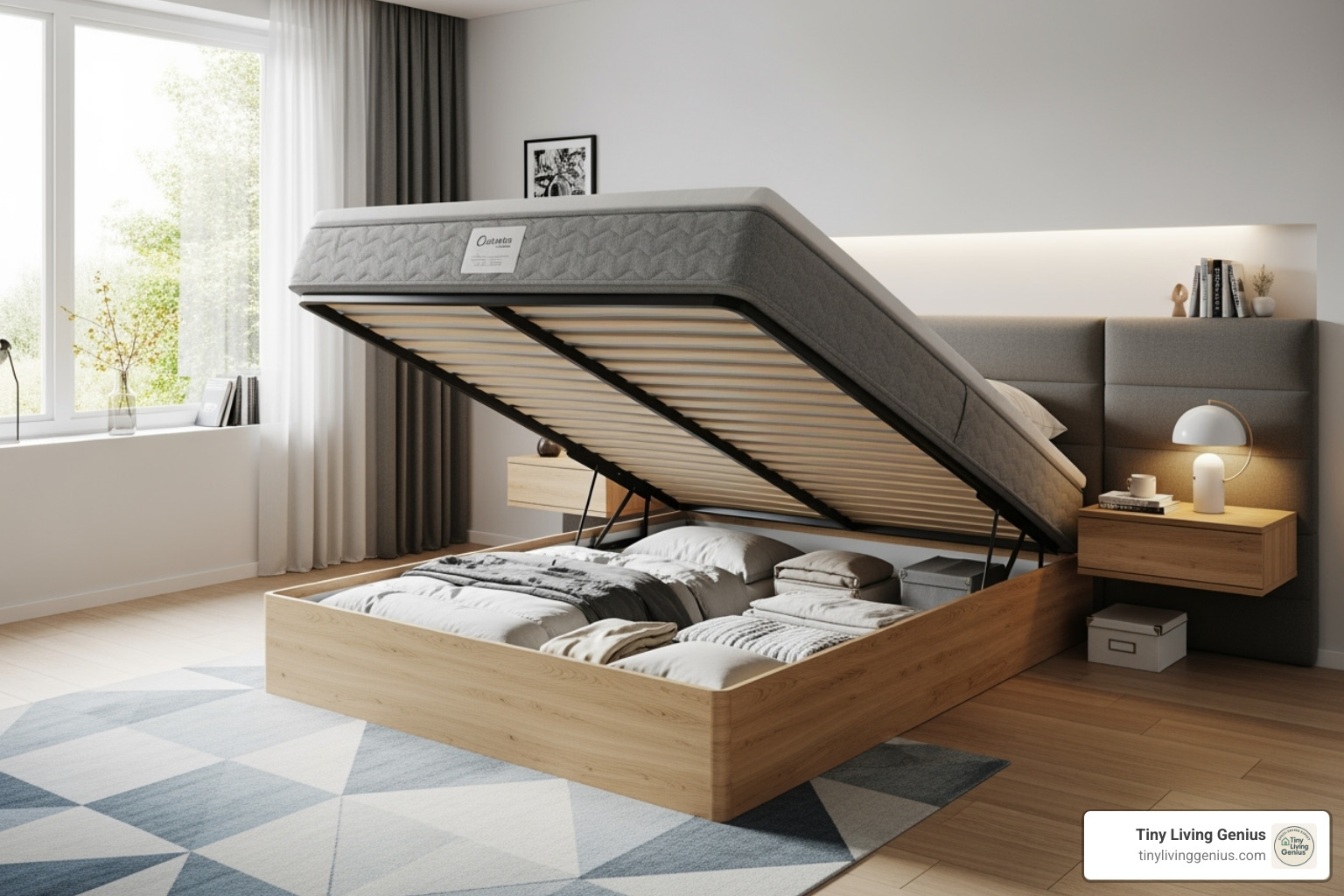 lift-up storage bed open - storage beds for small spaces