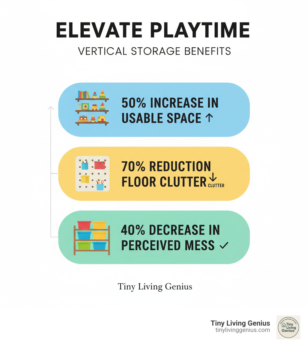 Infographic showing vertical storage benefits: 50% increase in usable storage space, 70% reduction in floor clutter, 40% decrease in perceived mess, with icons of wall shelves, pegboards, and organized toy bins - playroom ideas using vertical space infographic 