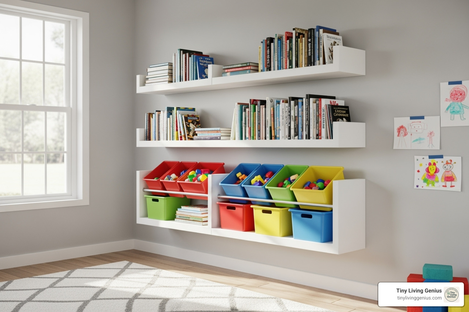 stylish floating shelves holding books and colorful toy bins - playroom ideas using vertical space