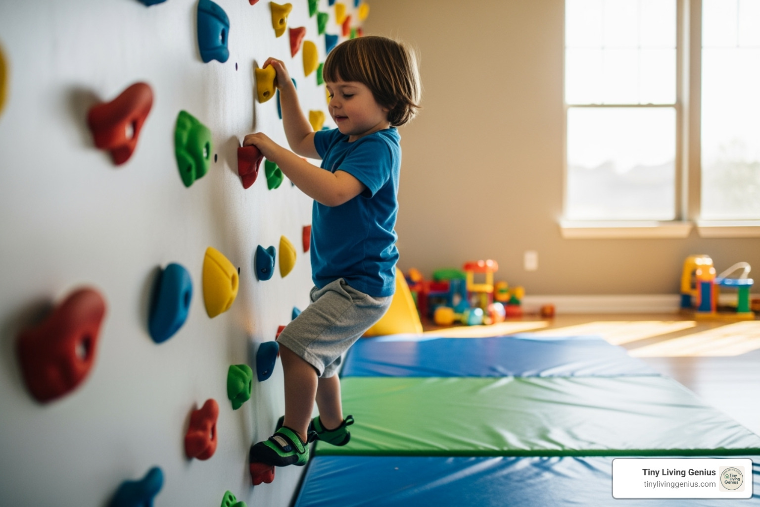 child on a small, safe indoor rock climbing wall in a playroom - playroom ideas using vertical space