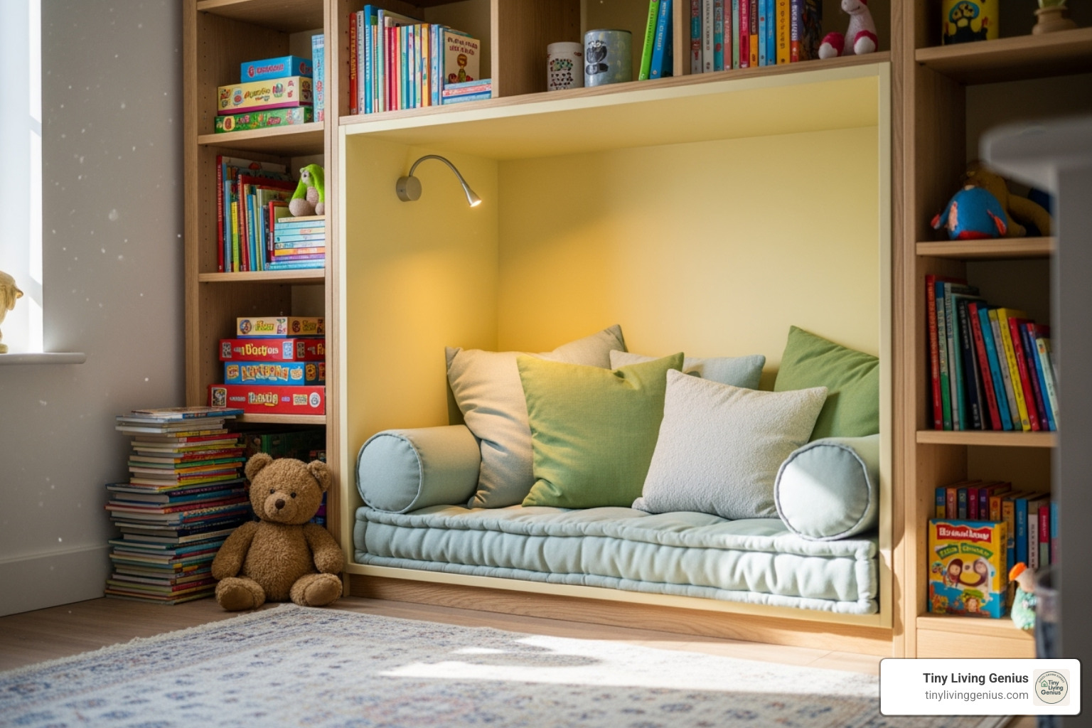 cozy reading nook built into a shelving unit with cushions and a small light - playroom ideas using vertical space