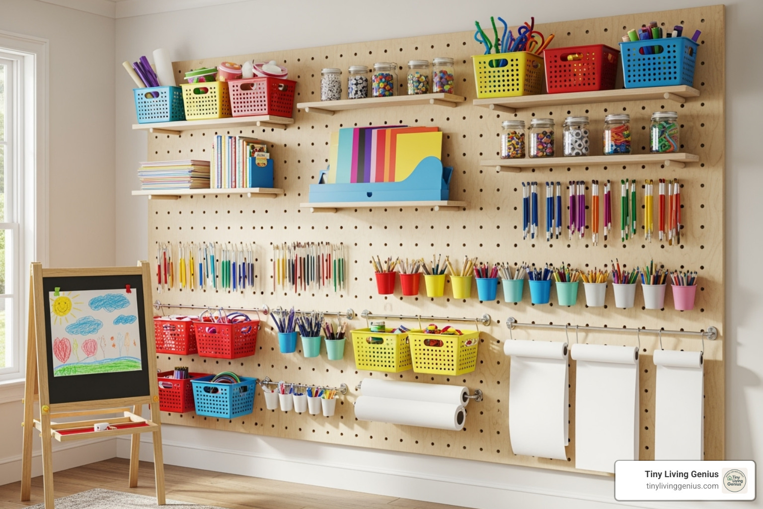 large pegboard wall in a playroom, organized with baskets, shelves, and hanging art supplies - playroom ideas using vertical space