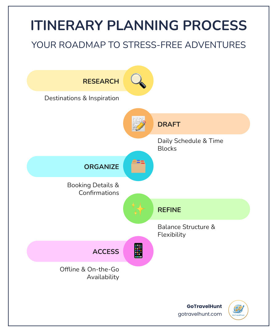 Step-by-step itinerary planning process showing 5 key phases: Research destinations and gather inspiration, Draft your daily schedule with time blocks, Organize all booking details and confirmations, Refine your plan balancing structure with flexibility, Access your itinerary offline and on-the-go - itinerary infographic infographic-line-5-steps-colors