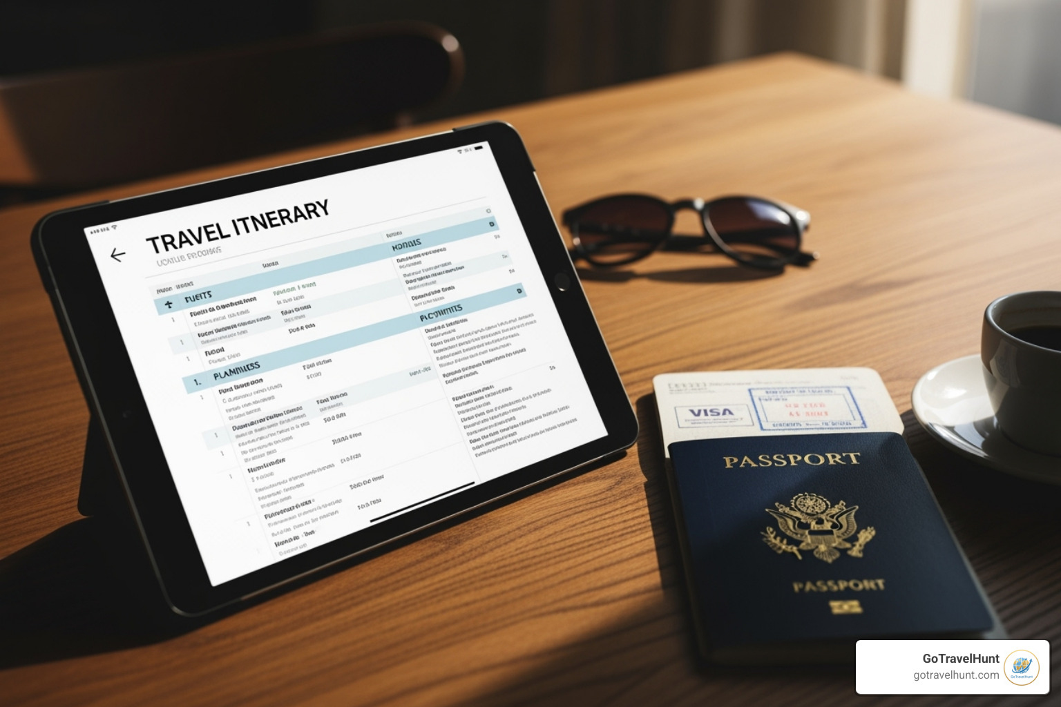 sample itinerary document on a tablet next to a passport - itinerary