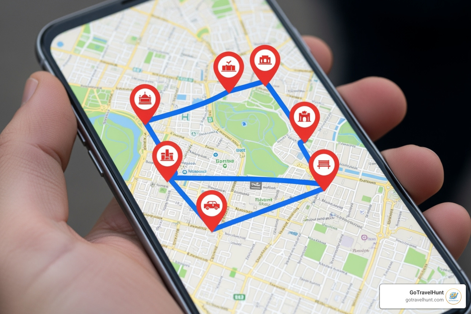city map on a phone with pins and a drawn route - itinerary