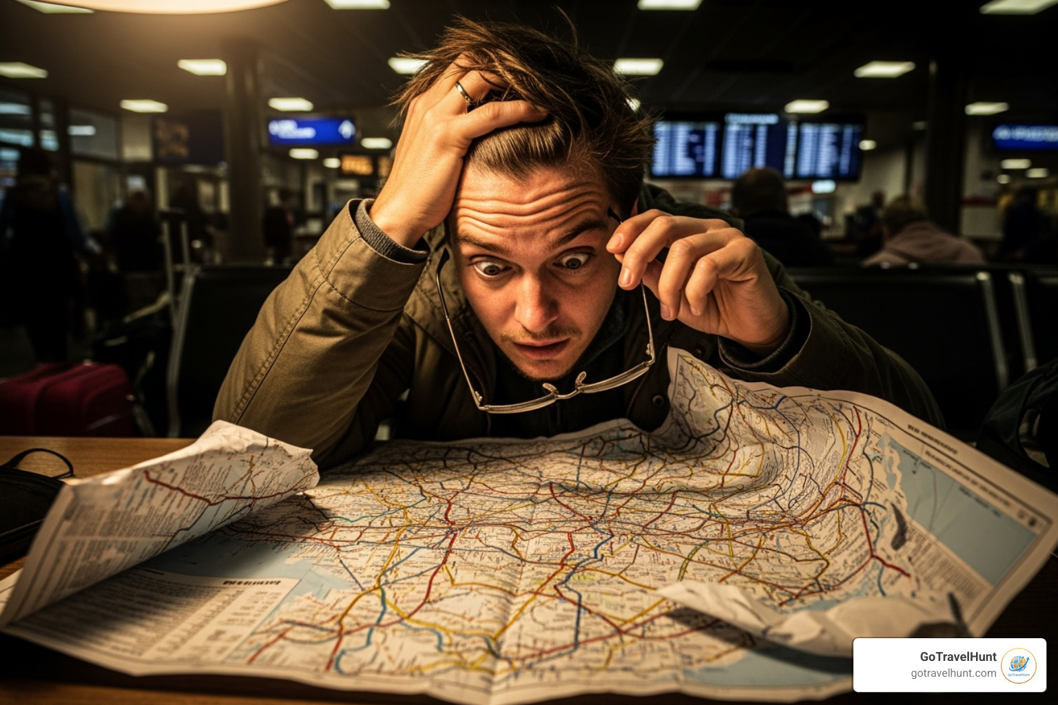 stressed traveler looking at a chaotic map - itinerary