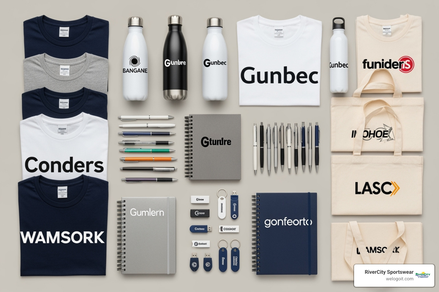 flat-lay showcasing a variety of popular promotional items - promotional marketing products for events