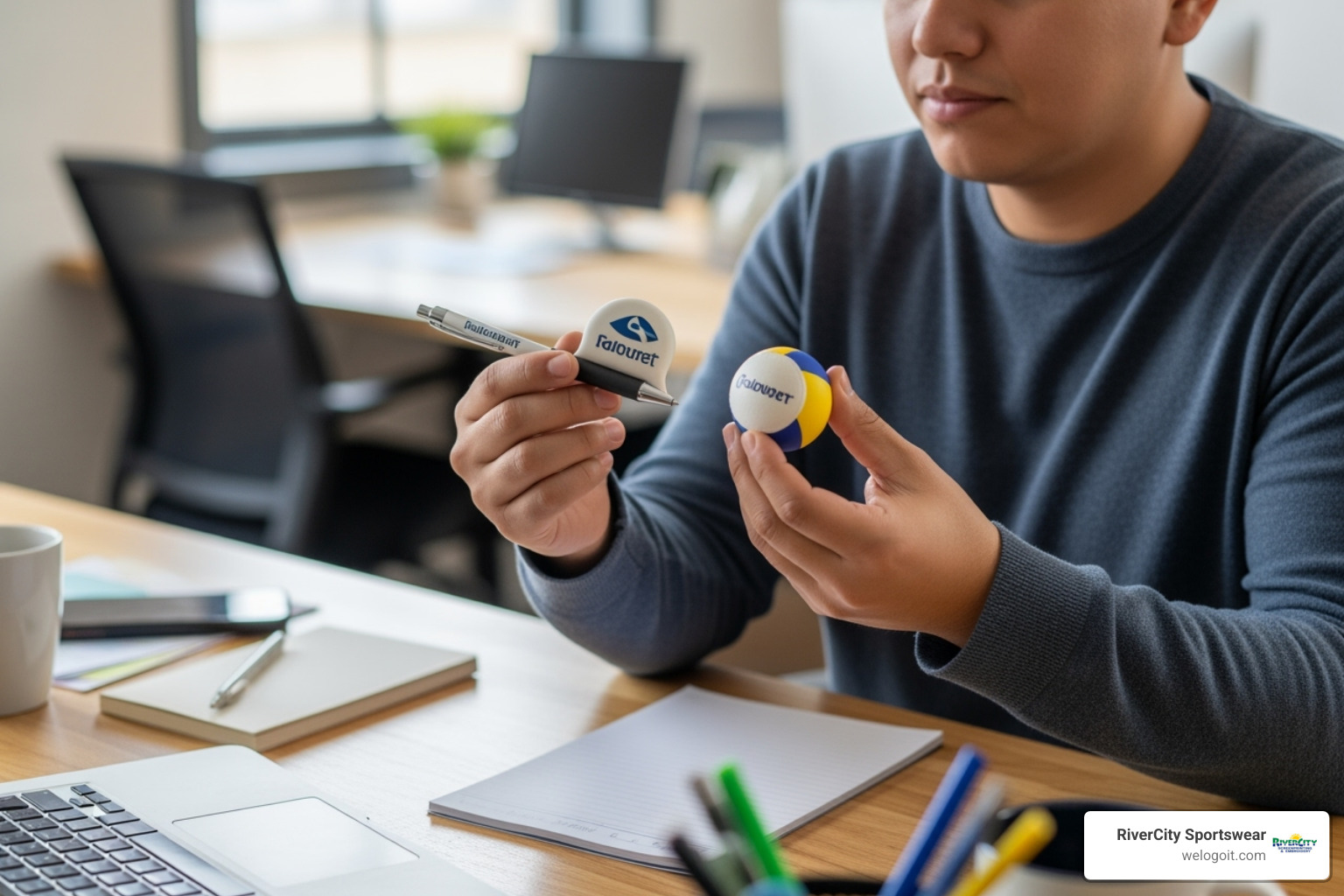 person thoughtfully comparing two different promotional items - promotional marketing products for events