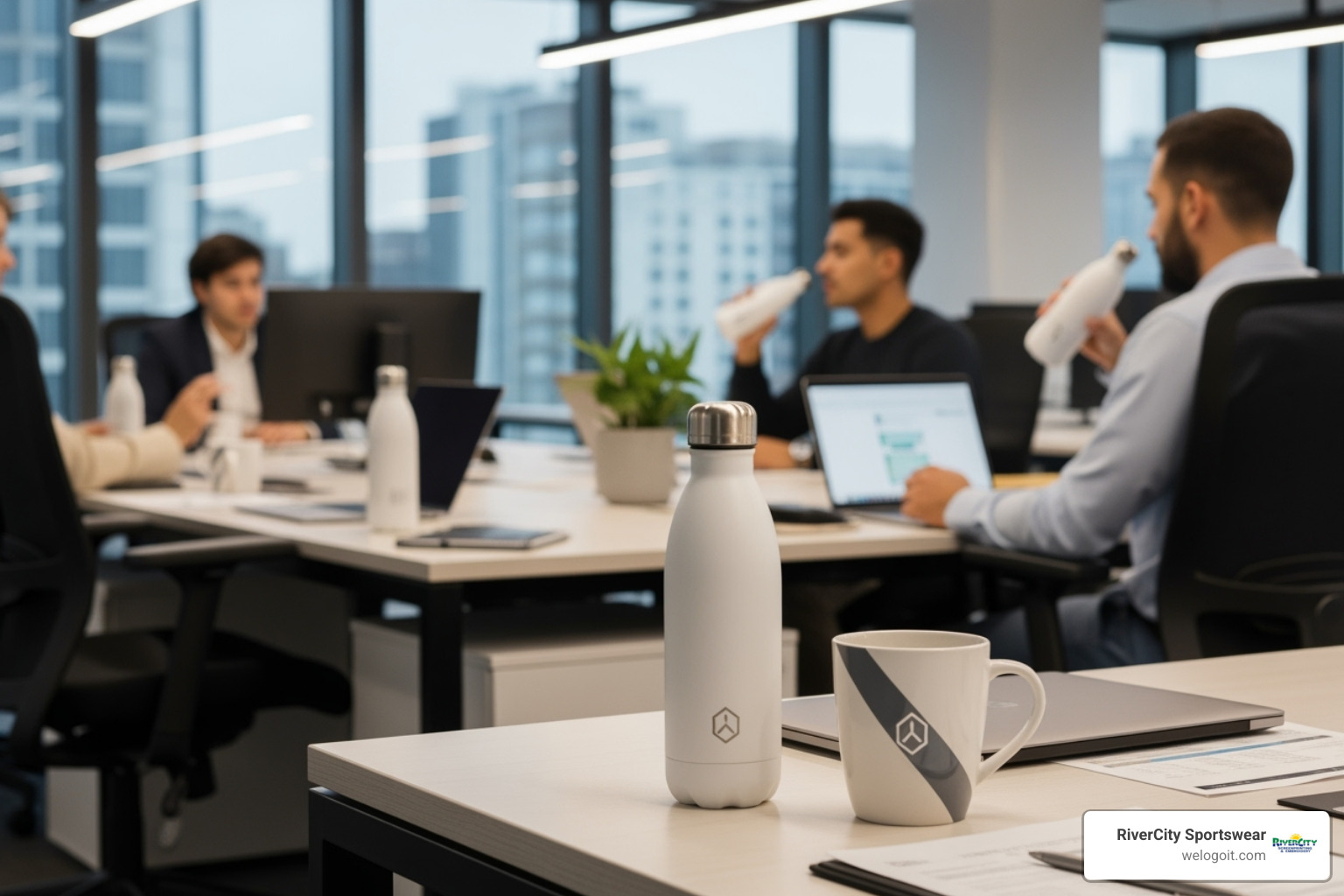 branded water bottles and coffee mugs being used in an office setting - promotional marketing products for events