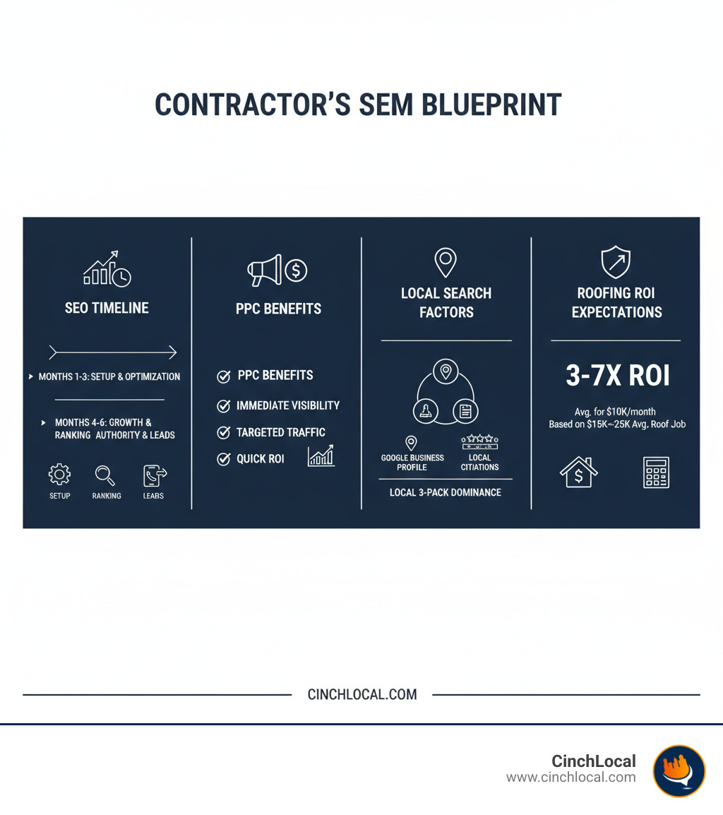 Comprehensive breakdown of search engine marketing components for contractors including SEO timeline, PPC benefits, local search factors, and ROI expectations with specific metrics for roofing businesses - search engine marketing for contractors infographic 