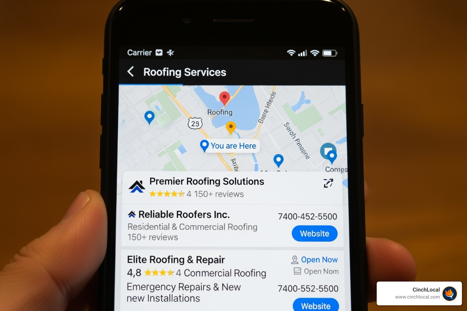 A smartphone displaying the Google Local 3-Pack for a 