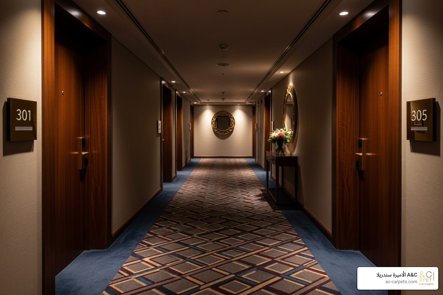 Hotel corridor with patterned carpet for wayfinding - commercial flooring for hotels