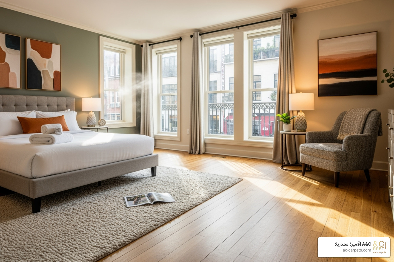 Boutique hotel guest room with cozy flooring - commercial flooring for hotels