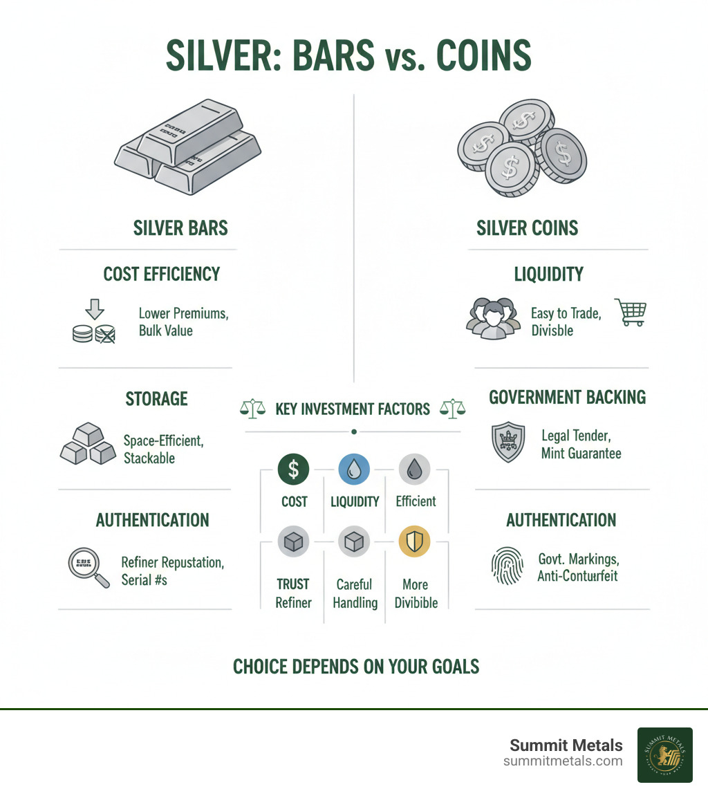Comprehensive comparison chart showing silver bars versus coins across key investment factors including cost efficiency, liquidity advantages, storage requirements, government backing, and authentication methods - Silver Bar vs Coin infographic 