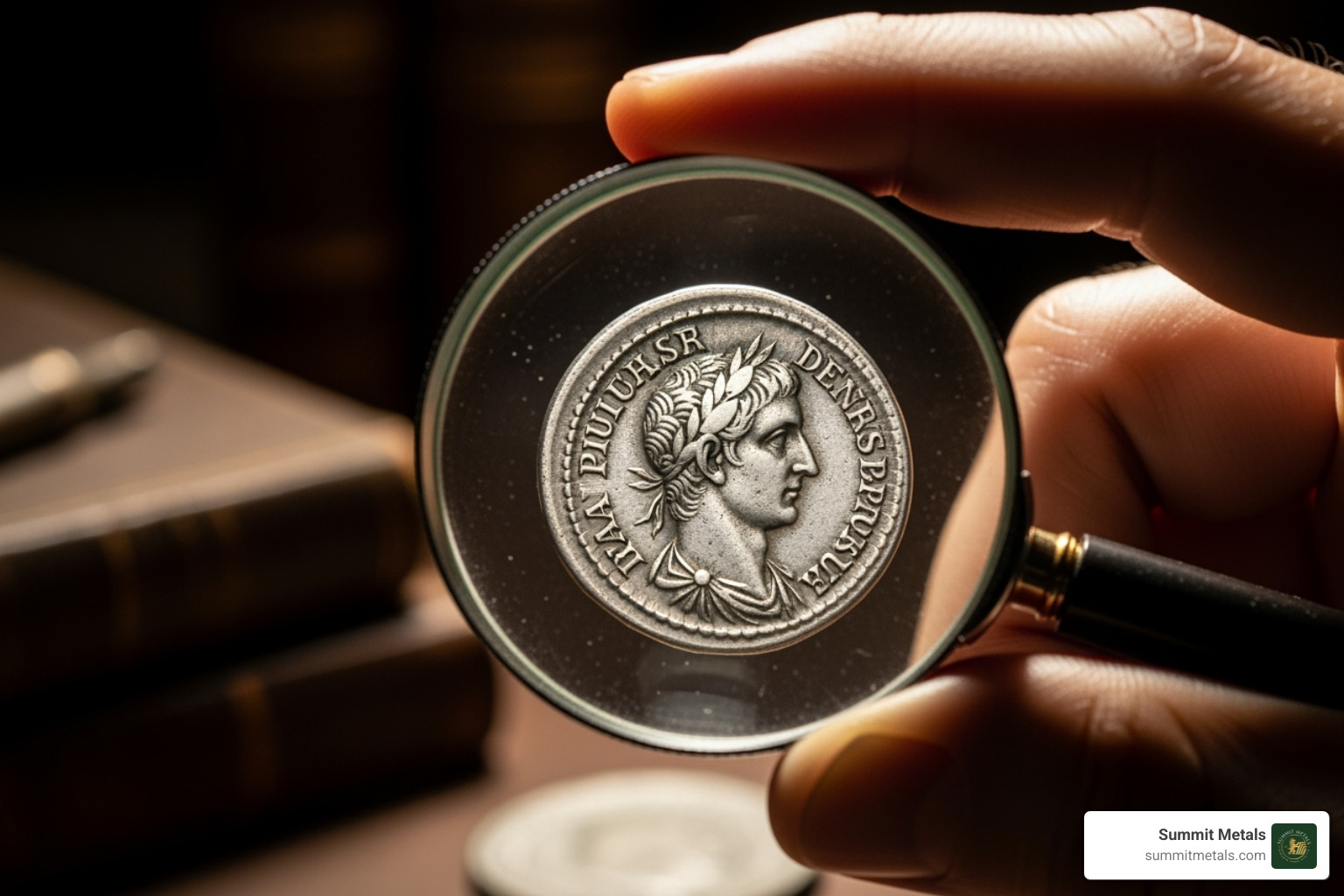A hand holding a magnifying glass over a silver coin - Silver Bar vs Coin