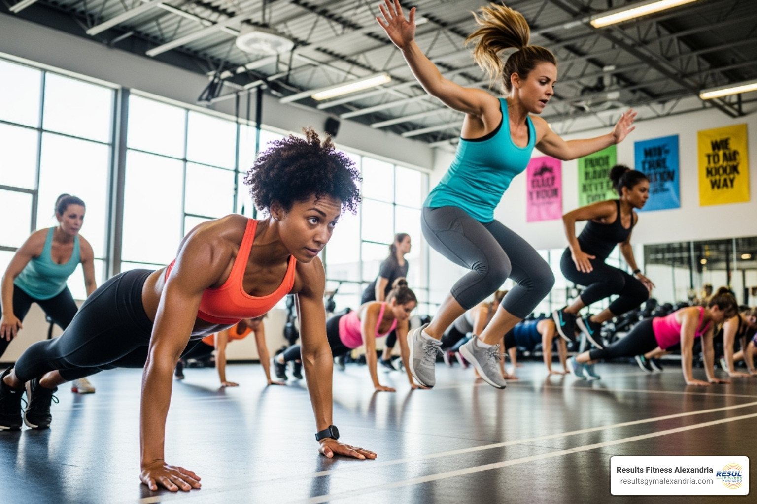high-energy HIIT class with women doing bodyweight exercises - Women's fitness classes