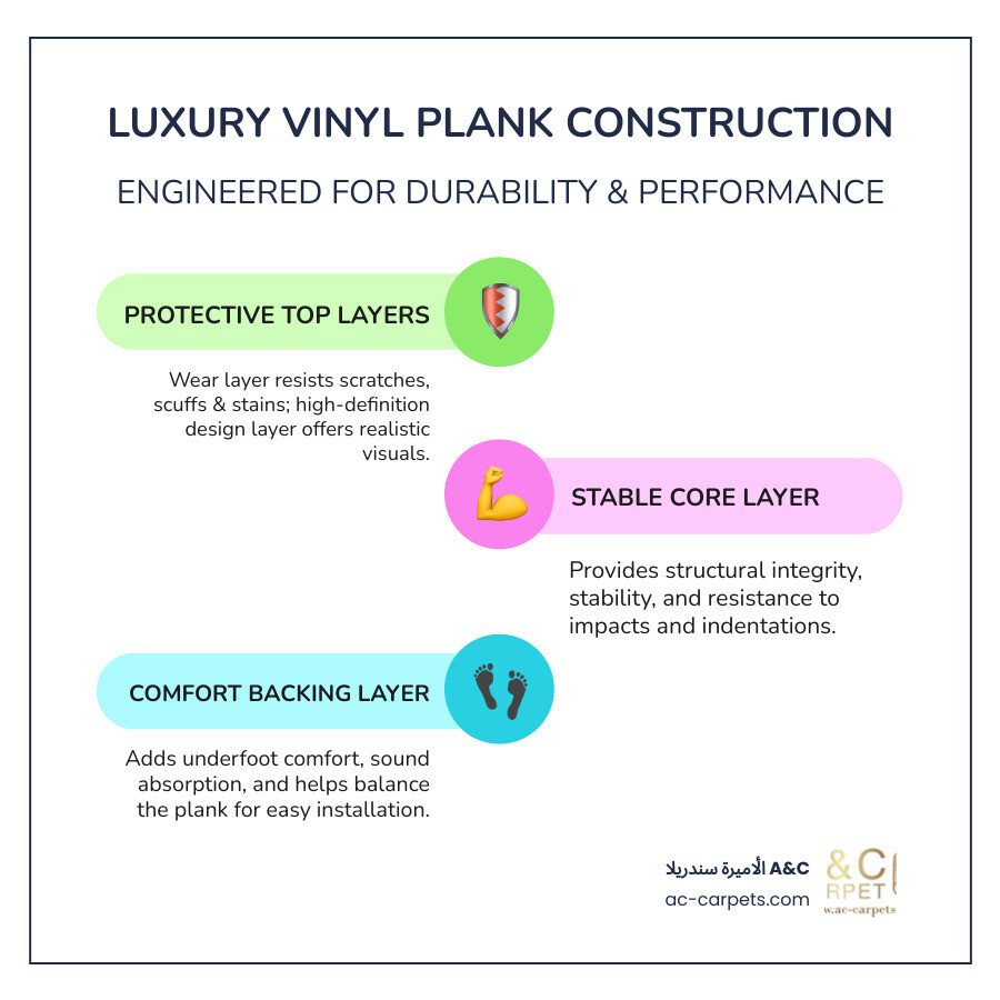 Infographic showing the multi-layer construction of luxury vinyl plank flooring, including protective wear layer, decorative layer with wood or stone pattern, core layer for stability, and backing layer for comfort and sound absorption - vinyl flooring egypt infographic infographic-line-3-steps-colors