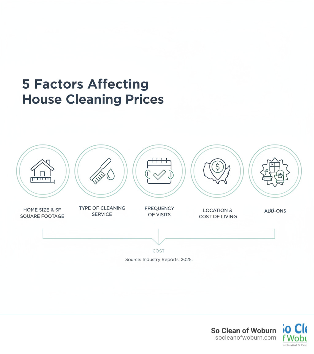 Infographic showing the top 5 factors that affect house cleaning prices: home size and square footage, type of cleaning service needed, frequency of cleaning visits, location and local cost of living, and special add-on services requested - how much does house cleaning cost infographic 