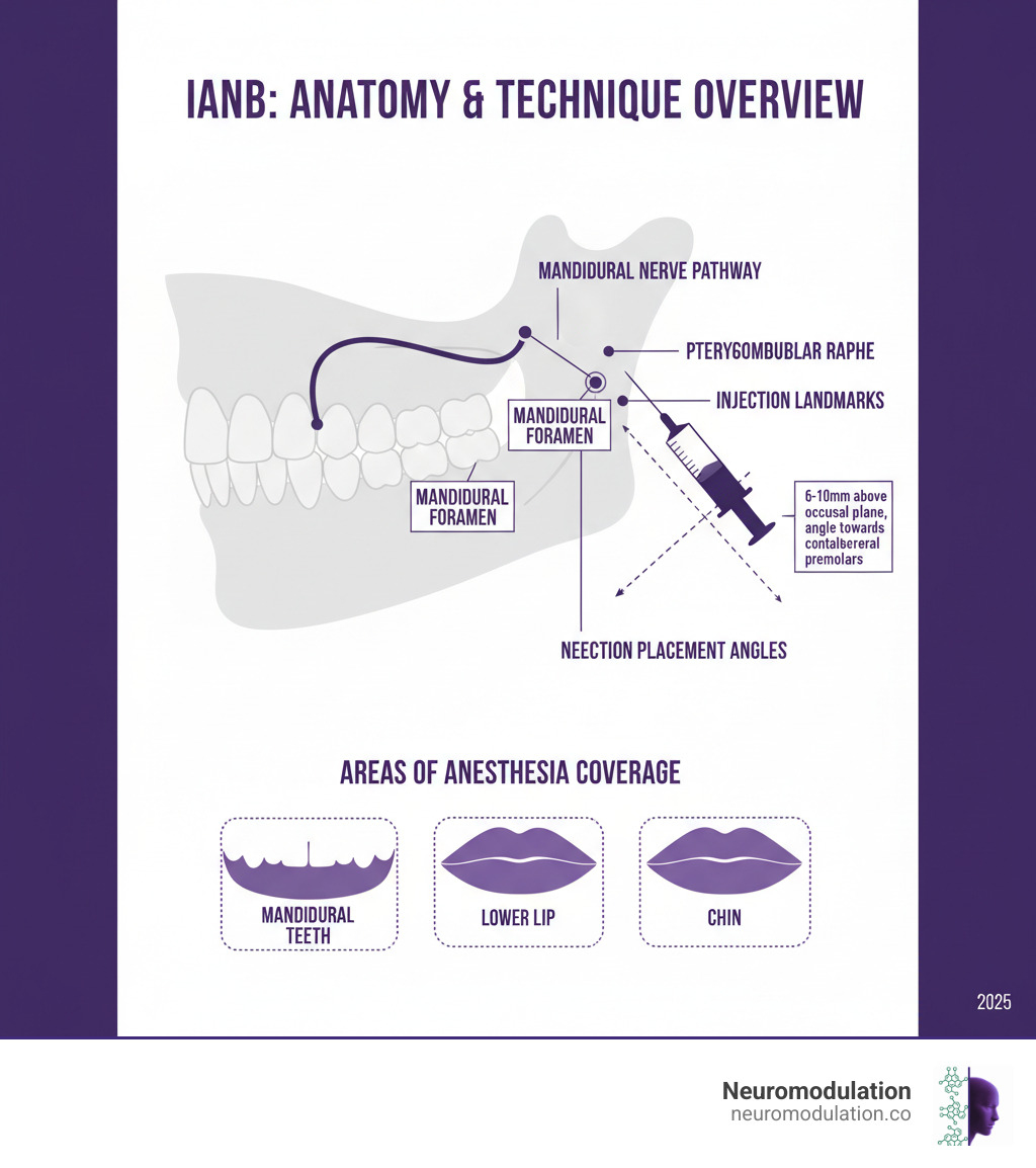 Comprehensive IANB anatomy and technique overview showing mandibular nerve pathway, injection landmarks including coronoid notch and pterygomandibular raphe, needle placement angles, and areas of anesthesia coverage including mandibular teeth, lower lip, and chin regions - inferior alveolar nerve block injection technique infographic 