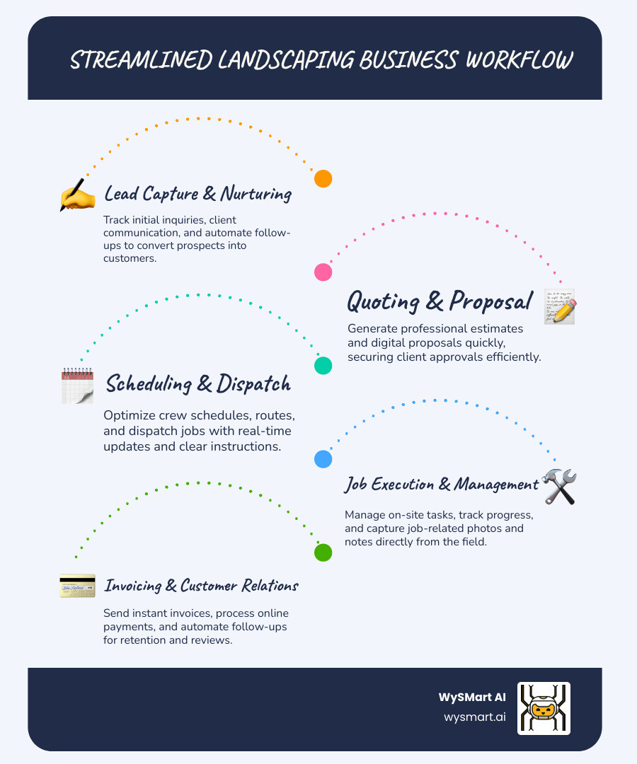 Infographic showing the complete landscaping business workflow from initial inquiry, estimate creation, job scheduling, crew dispatch, service completion, invoicing, and customer follow-up - Landscaping CRM software infographic infographic-line-5-steps-blues-accent_colors Infographic showing the complete landscaping business workflow from initial inquiry, estimate creation, job scheduling, crew dispatch, service completion, invoicing, and customer follow-up - Landscaping CRM software infographic infographic-line-5-steps-blues-accent_colors