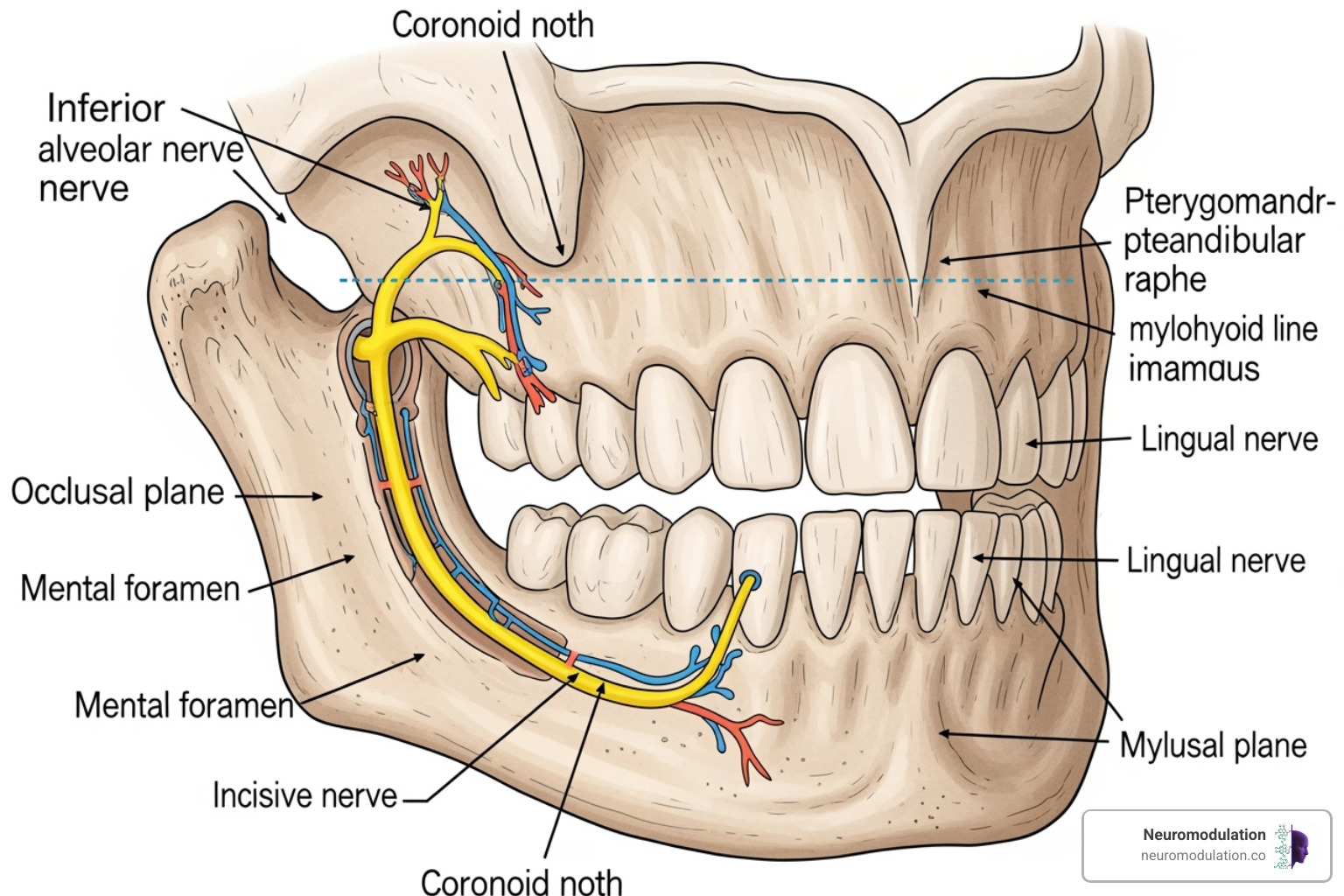 A detailed illustration of the medial aspect of the mandible, highlighting the Inferior Alveolar Nerve (IAN) pathway, its entry into the Mandibular Foramen, and its branches (Mental and Incisive nerves). The Lingual Nerve's proximity is also shown. Key anatomical landmarks such as the coronoid notch, pterygomandibular raphe, and the occlusal plane are clearly labeled to illustrate their relevance to the Inferior Alveolar Nerve Block injection technique. - inferior alveolar nerve block injection technique