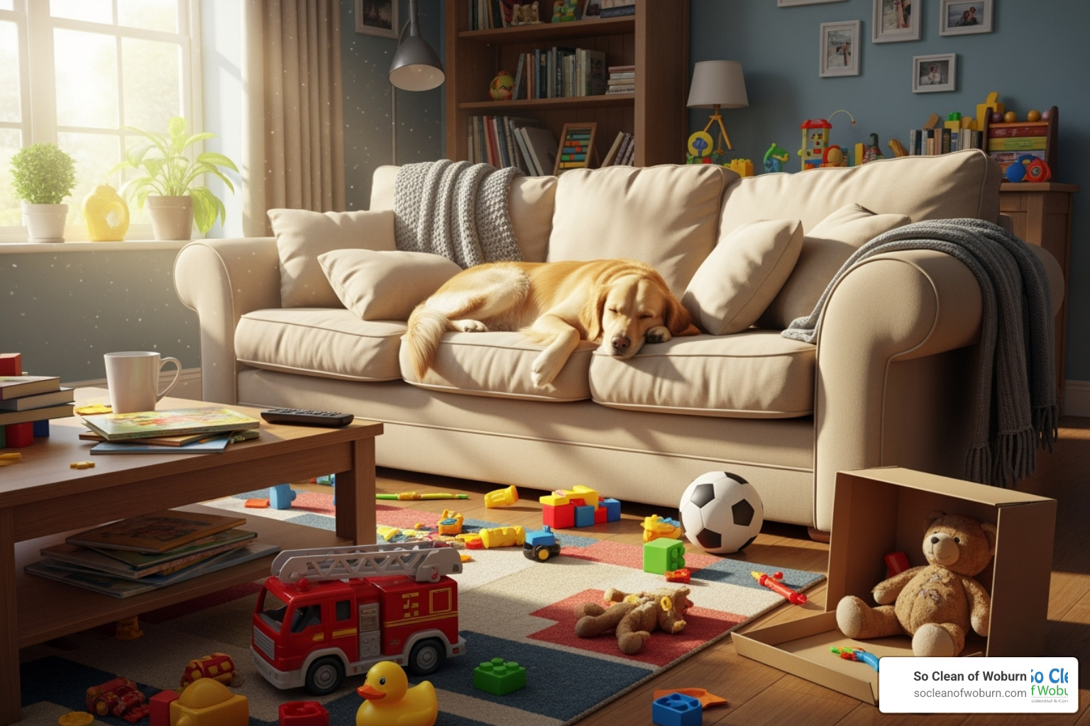 A busy living room with toys on the floor and a dog on the couch, illustrating a home with pets and kids that would require more extensive cleaning. - how much does house cleaning cost