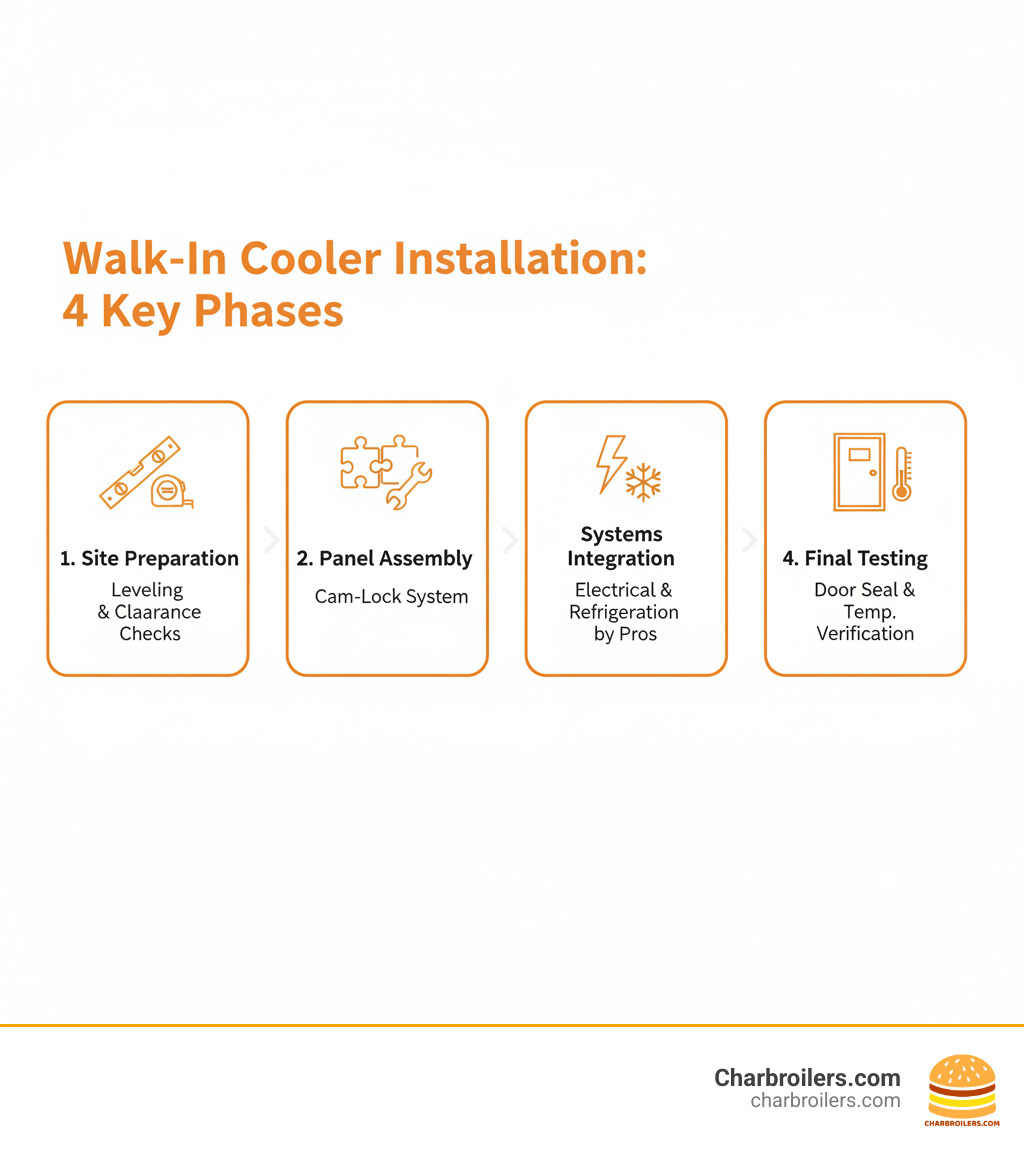 Comprehensive walk-in cooler installation process showing four key phases: site preparation with level checking and clearance measurements, panel assembly using cam-lock system, electrical and refrigeration system integration by licensed professionals, and final testing with door seal verification - walk in cooler installation infographic 