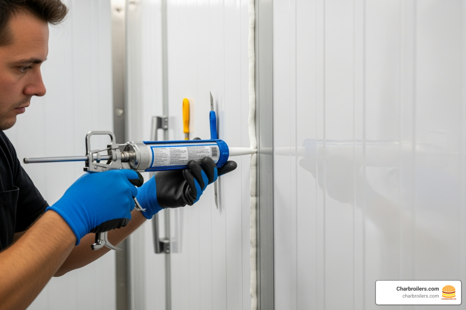 technician applying silicone sealant to an interior joint - walk in cooler installation