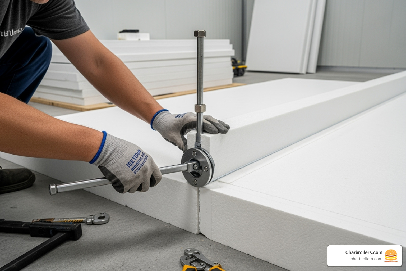 demonstrating how to use a cam wrench to lock two panels together - walk in cooler installation