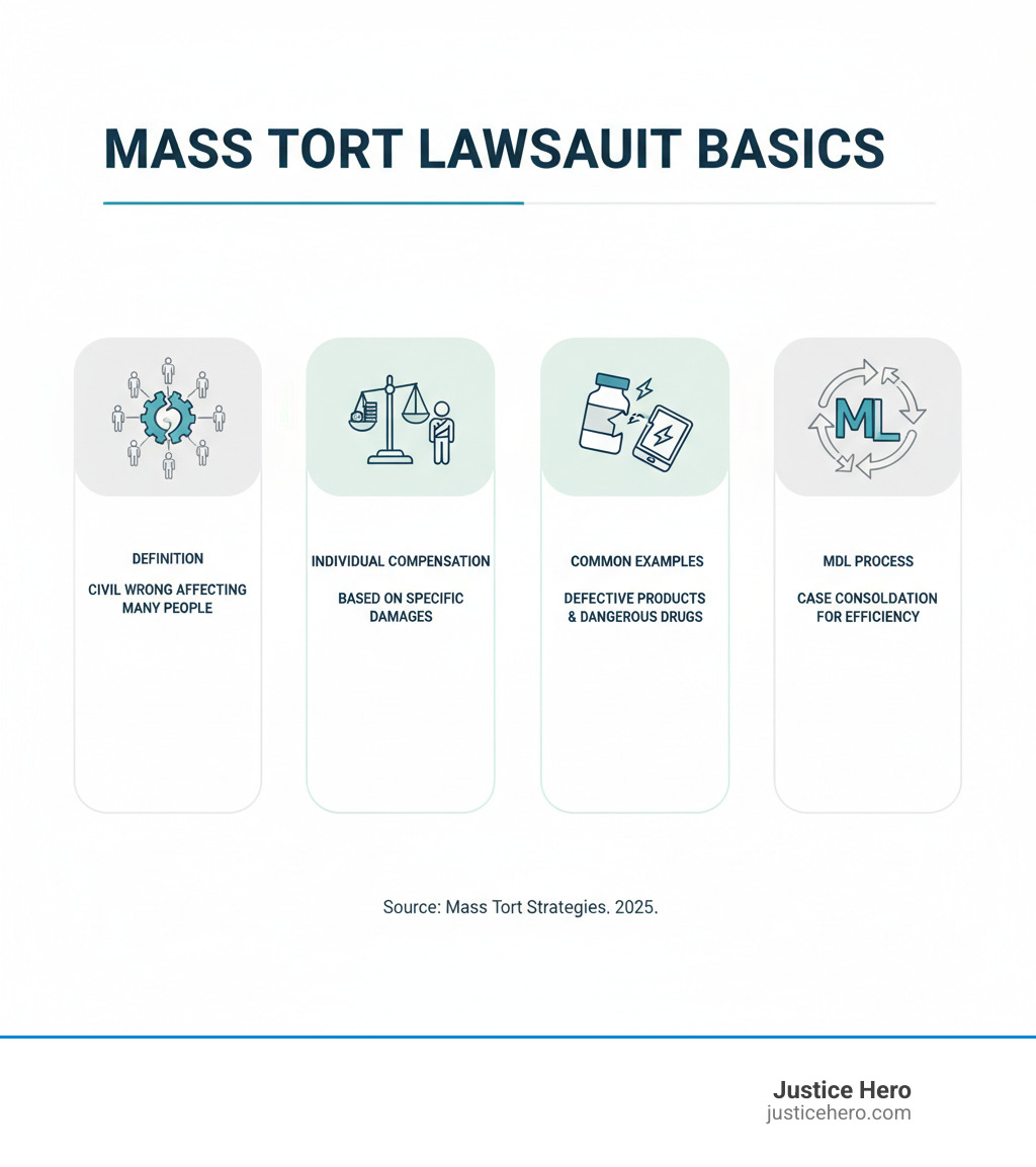 Infographic showing mass tort lawsuit basics: definition as civil wrong affecting many people, individual compensation based on specific damages, common examples including defective products and dangerous drugs, and the MDL process for case consolidation - mass tort lawyer Irvine infographic Infographic showing mass tort lawsuit basics: definition as civil wrong affecting many people, individual compensation based on specific damages, common examples including defective products and dangerous drugs, and the MDL process for case consolidation - mass tort lawyer Irvine infographic