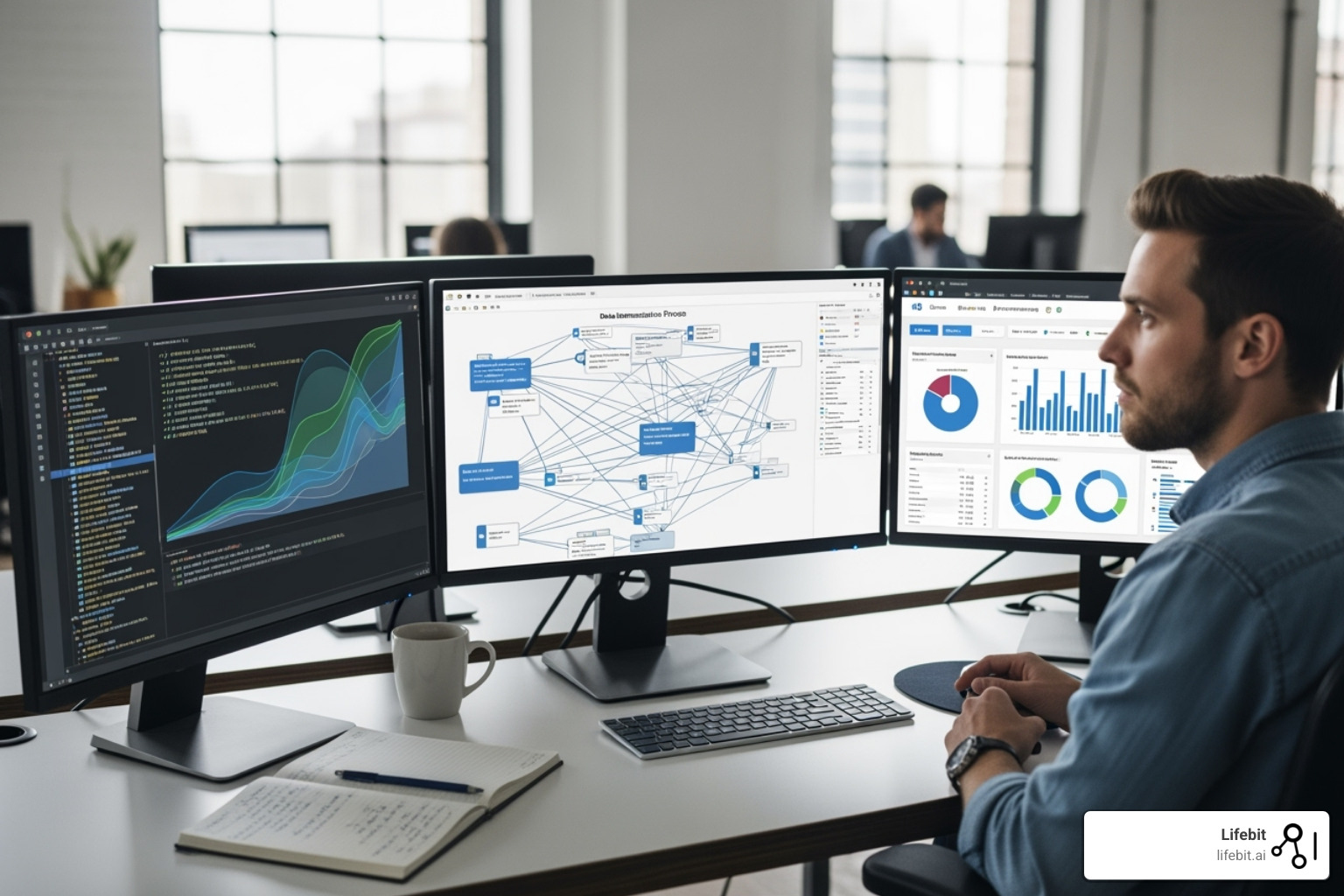 A data scientist analyzing complex data workflows on multiple screens, illustrating the intricate process of data harmonization. - data harmonization techniques
