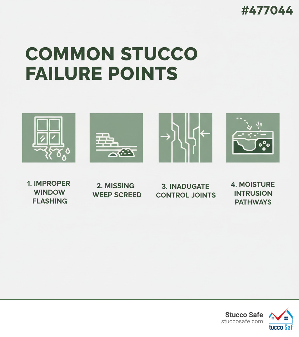Detailed infographic showing common stucco failure points including improper window flashing, missing weep screeds, inadequate control joints, and moisture intrusion pathways through the building envelope - expert witness stucco infographic 