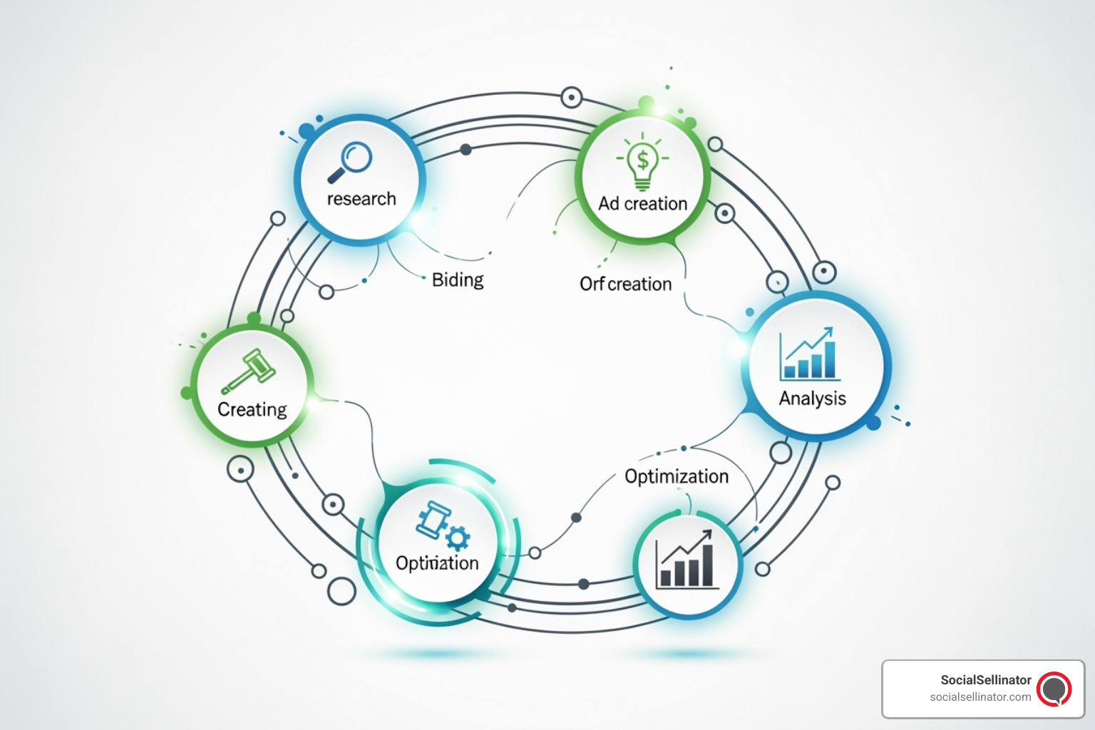 Flowchart illustrating the key components of a successful PPC campaign, including research, ad creation, bidding, optimization, and analysis - PPC account management services
