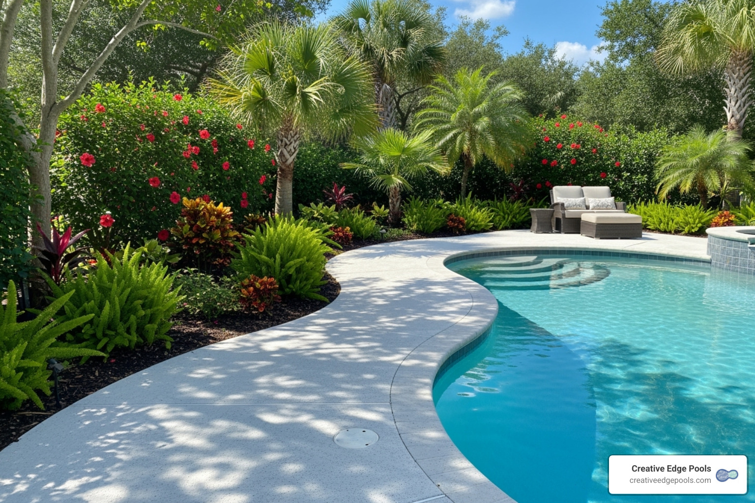 beautifully restored, crack-free gunite pool deck with lush landscaping - fix pool deck cracks beautifully restored, crack-free gunite pool deck with lush landscaping - fix pool deck cracks