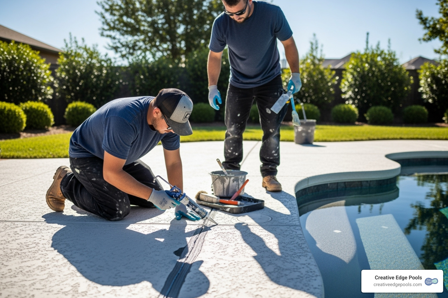 professional team performing crack repair on a gunite pool deck - fix pool deck cracks professional team performing crack repair on a gunite pool deck - fix pool deck cracks