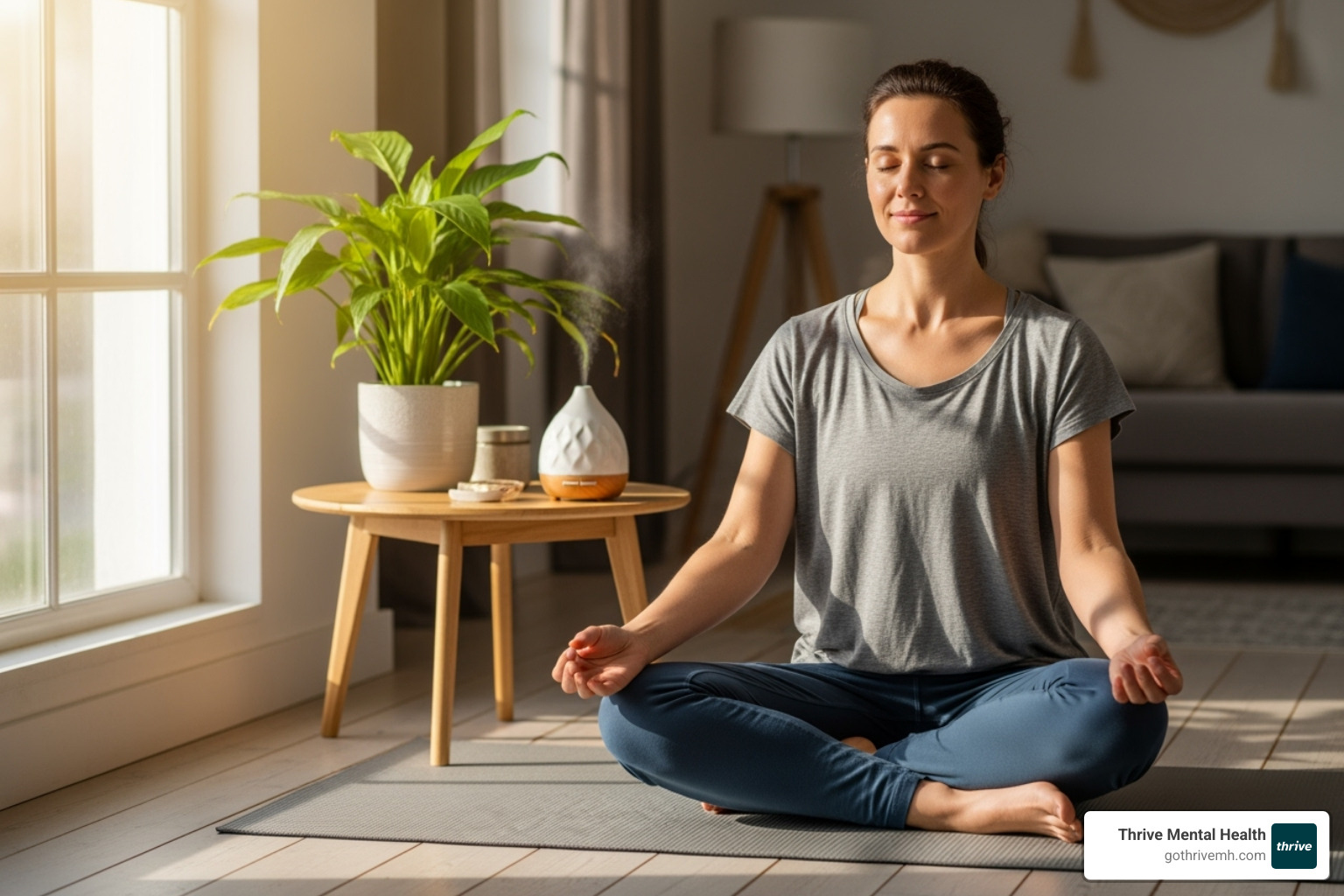 A calm and focused person meditating at home, emphasizing peace and self-care in a personal environment. - virtual group therapy sessions