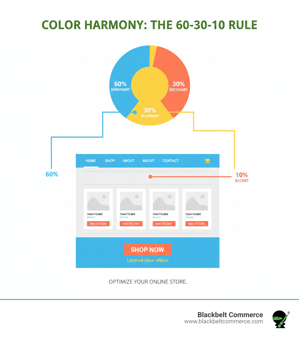 Infographic showing the 60-30-10 color rule with examples of dominant color (60%), secondary color (30%), and accent color (10%) applied to a Shopify store layout, including navigation, product sections, and call-to-action buttons - best practice for color theme in shopify website infographic 
