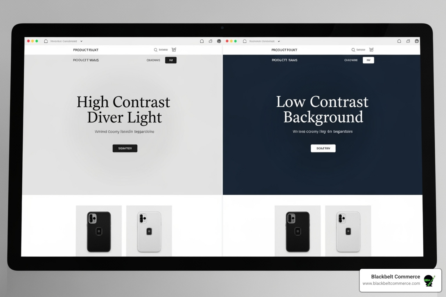 Split-screen showing good color contrast for readability on one side and poor color contrast on the other side of a product page - best practice for color theme in shopify website