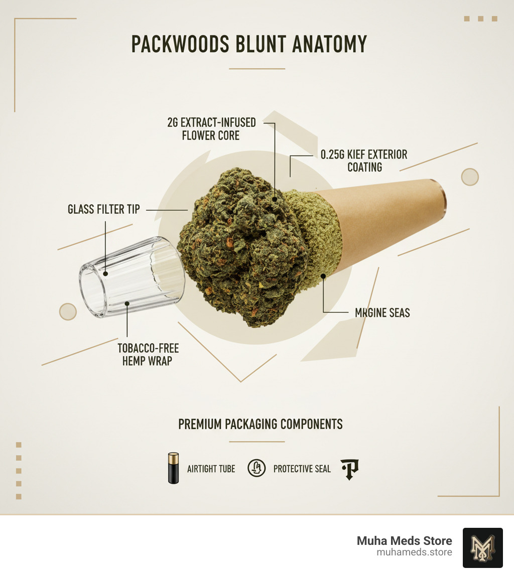 Detailed infographic showing Packwoods blunt anatomy with 2g extract-infused flower core, 0.25g kief exterior coating, tobacco-free hemp wrap, glass filter tip, and premium packaging components - Packwoods for sale infographic 