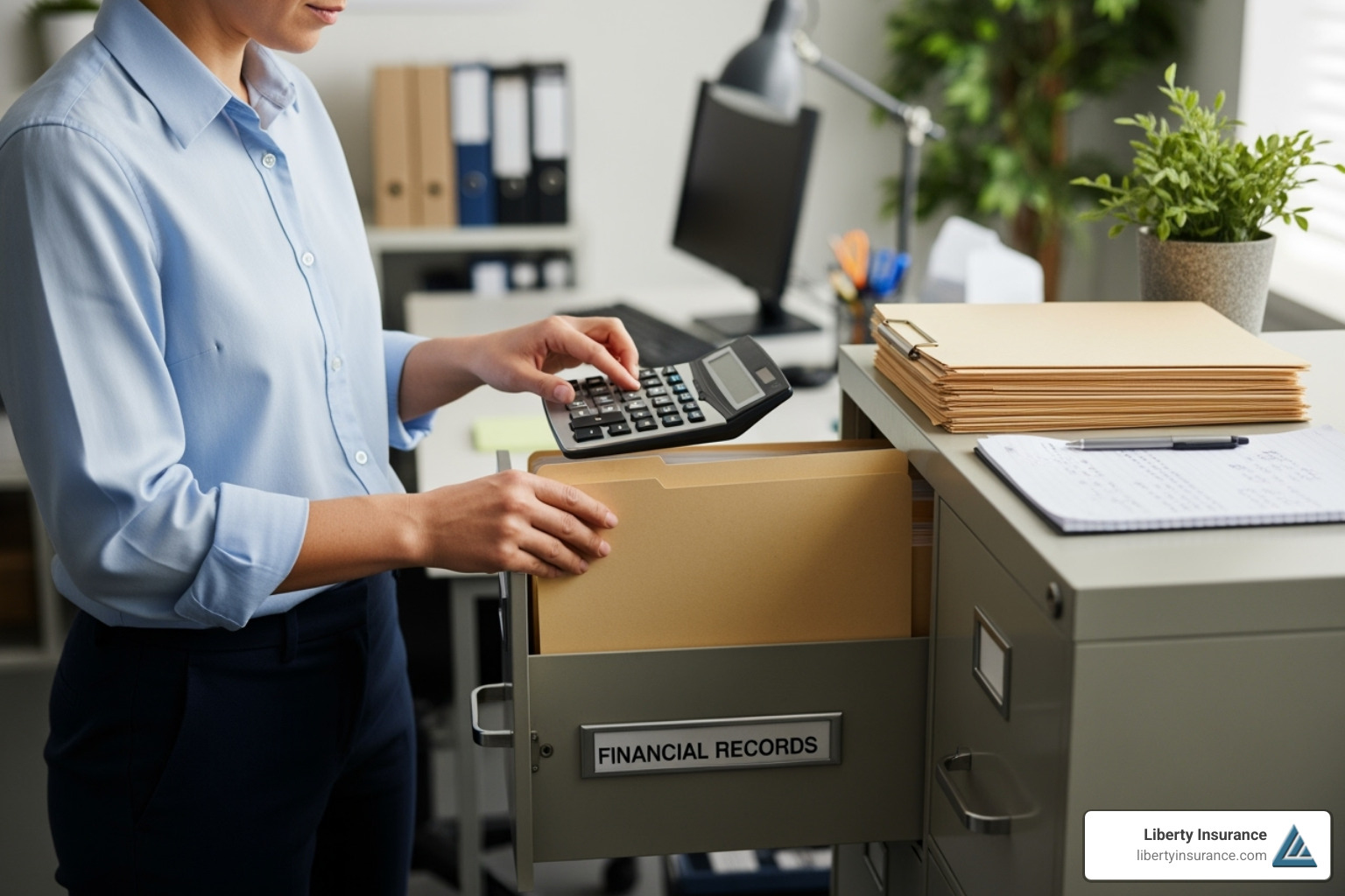 A person organizing files in a cabinet and using a calculator, representing diligent administration. - trustee liability A person organizing files in a cabinet and using a calculator, representing diligent administration. - trustee liability