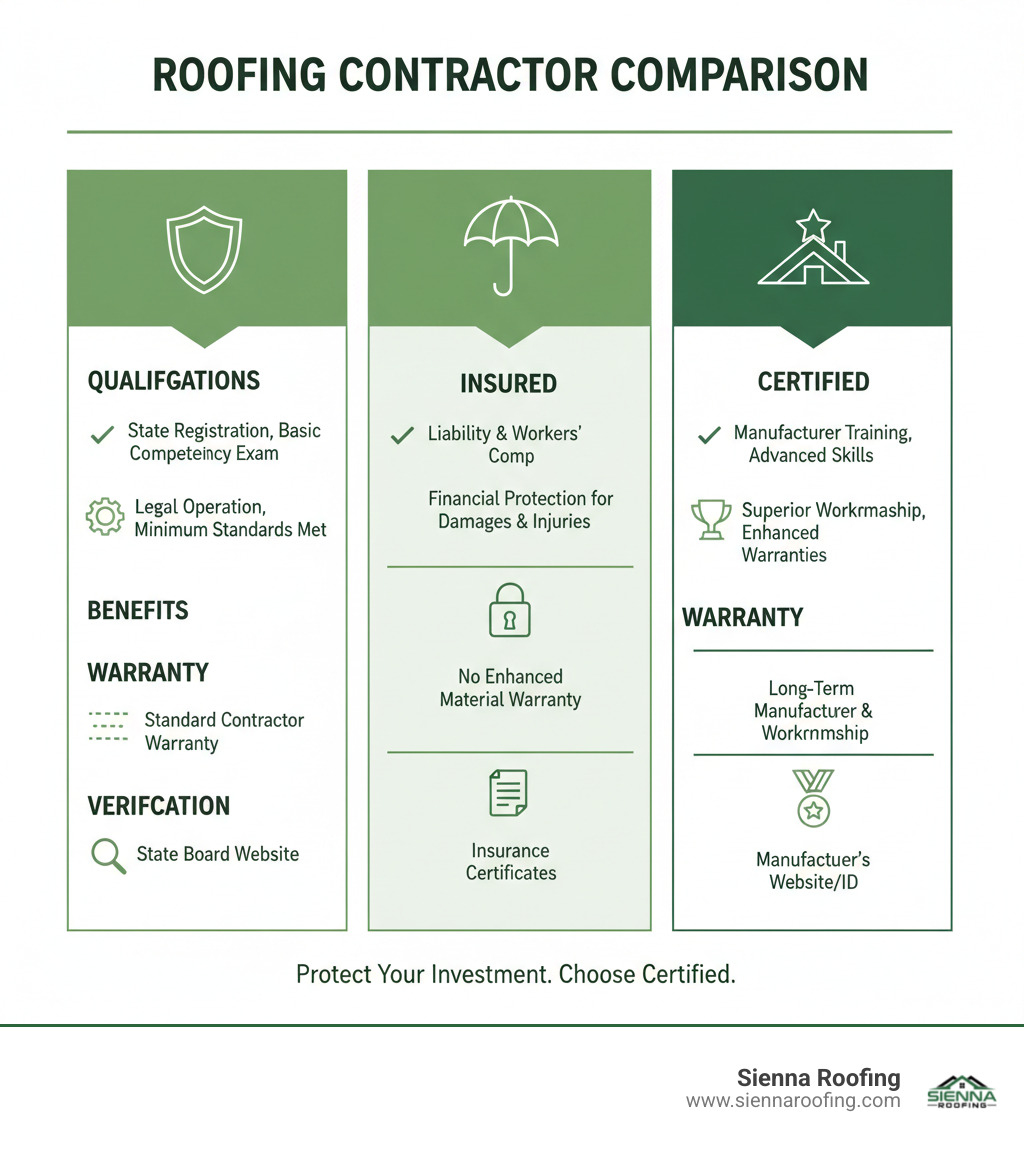 Comprehensive comparison chart showing the differences between licensed, insured, and certified roofing contractors, including their qualifications, benefits, warranty coverage, and verification methods - certified roofing contractor infographic 