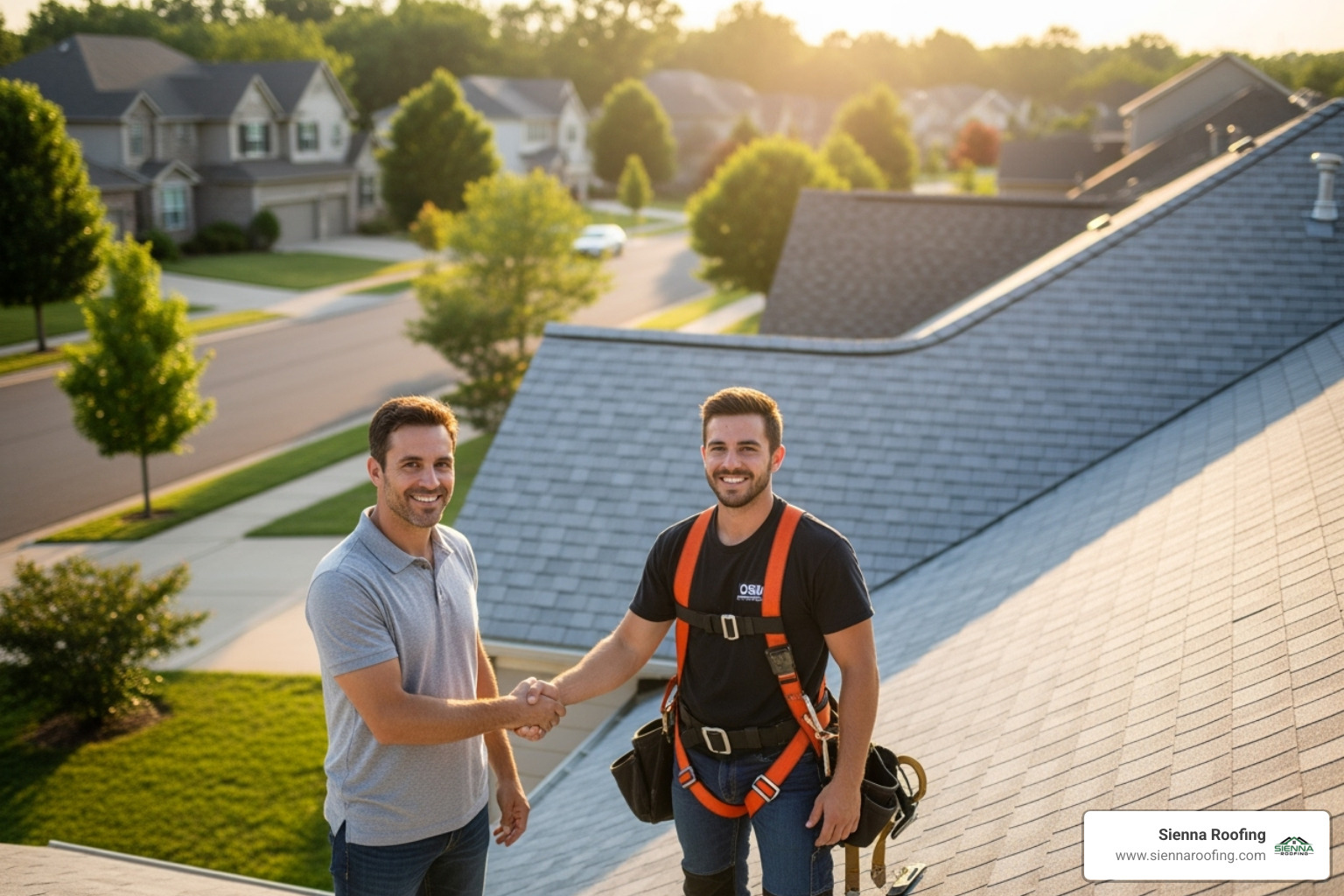 Happy homeowner shaking hands with a certified roofing contractor wearing a safety harness, after a successful roof installation - certified roofing contractor