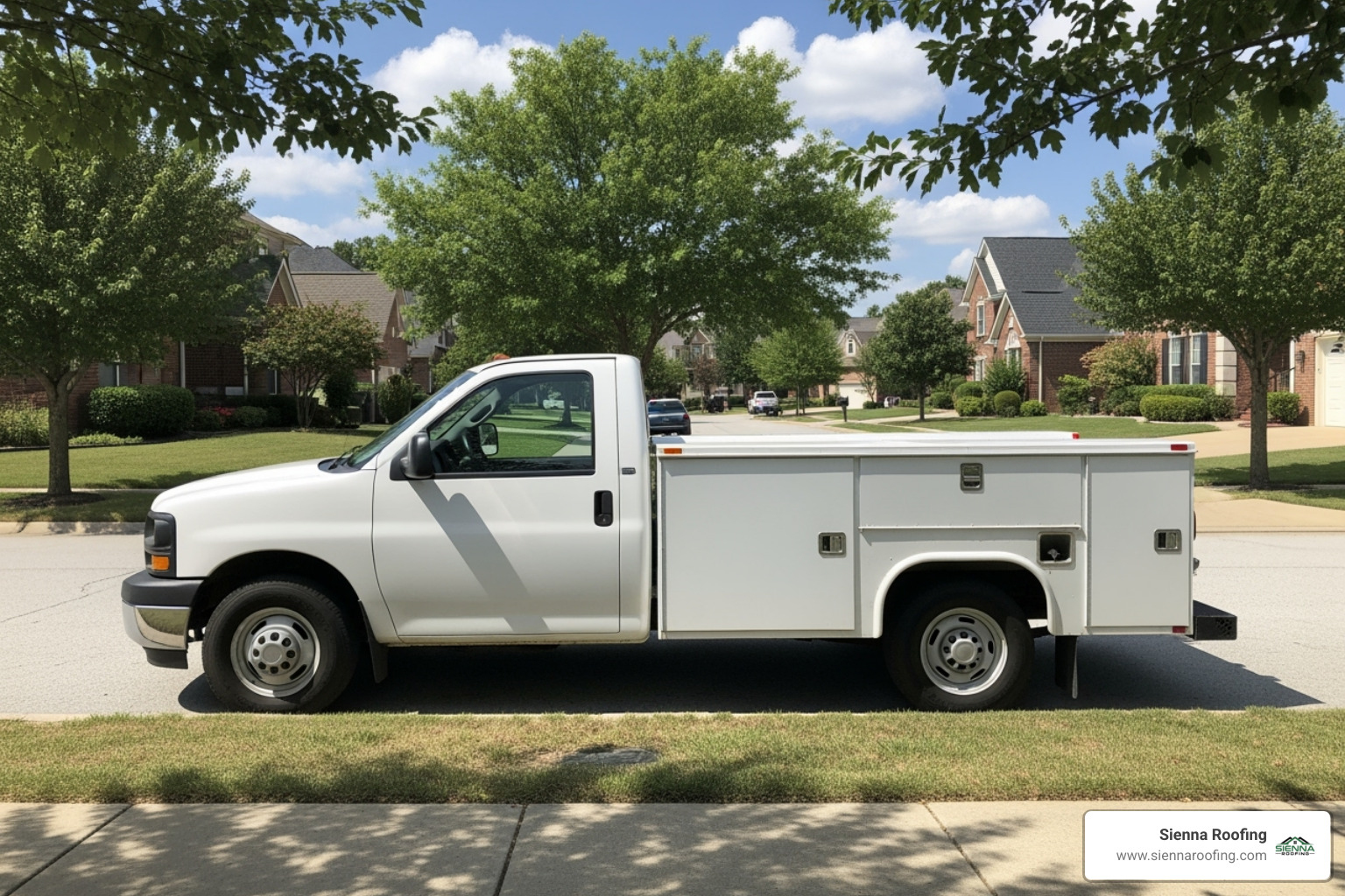 Generic, unmarked work truck parked in a residential neighborhood, representing a storm chaser - certified roofing contractor