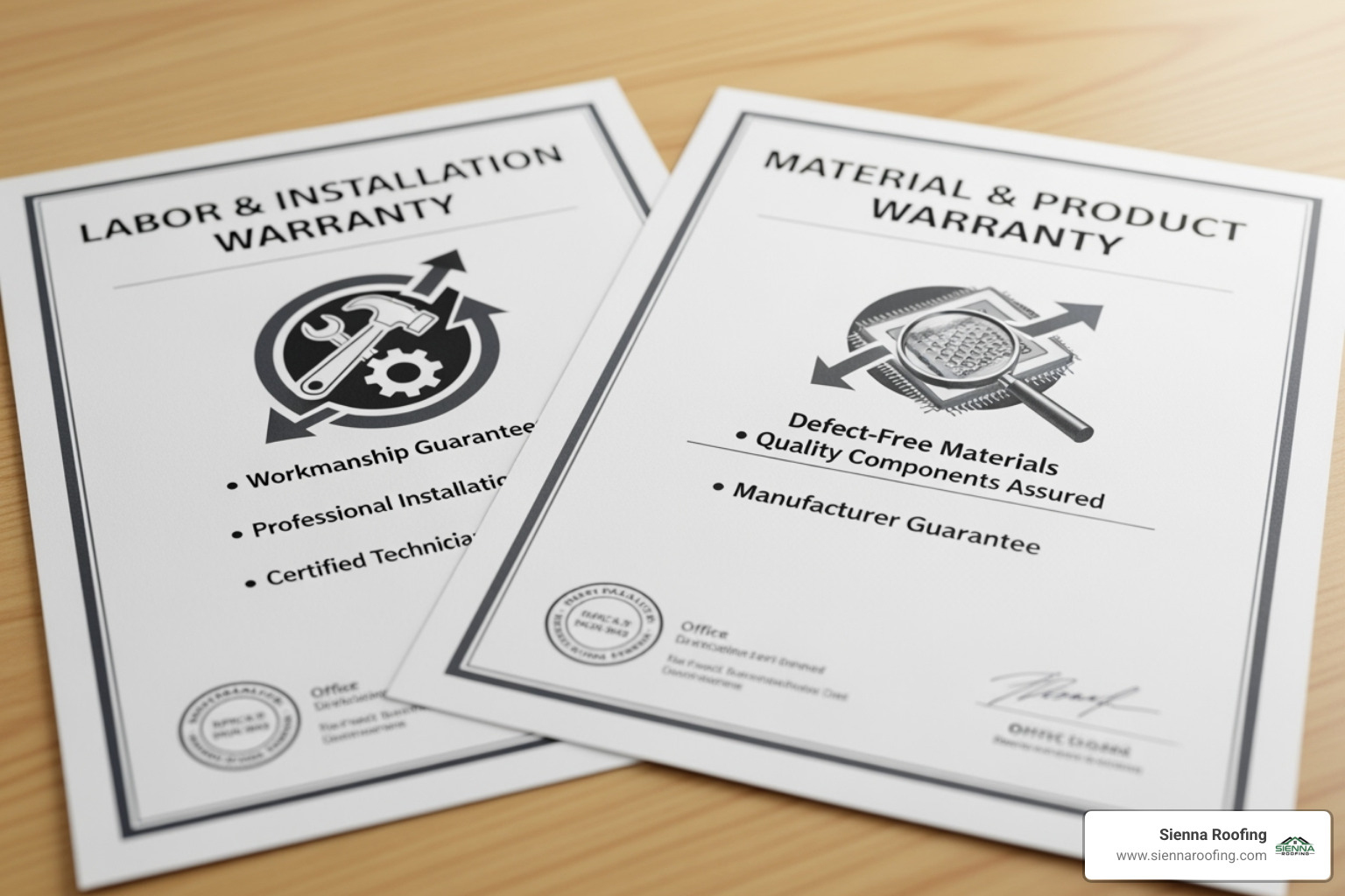 Two documents side-by-side, one labeled "Workmanship Warranty" and the other "Manufacturer Warranty", illustrating their distinct coverages - certified roofing contractor
