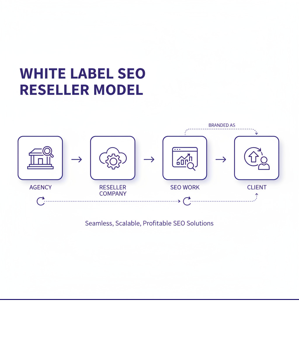 Infographic explaining the white label SEO reseller model: Agency -> Reseller Company -> SEO Work -> Client - seo reseller companies infographic 