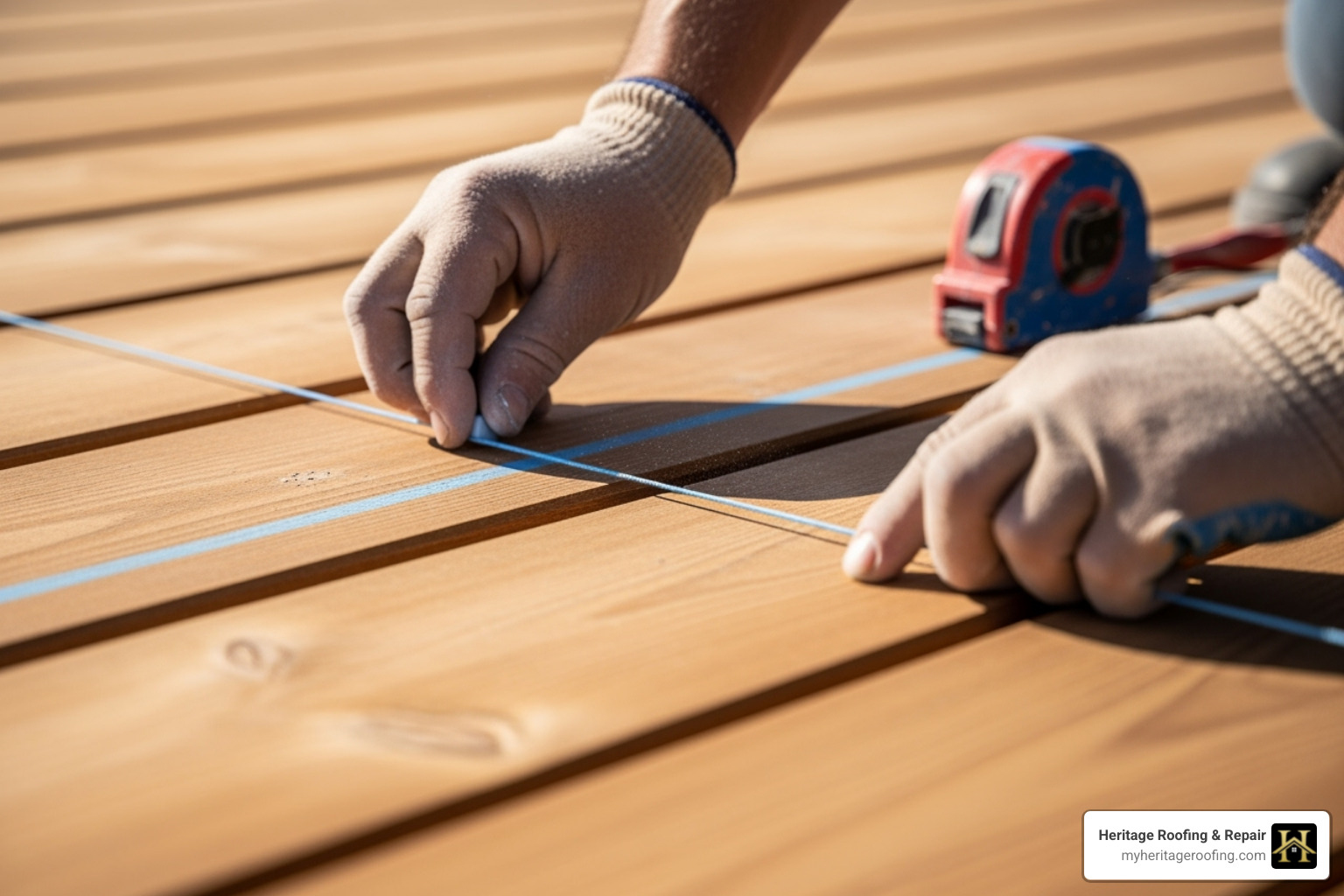 A chalk line being snapped on a roof deck to ensure a straight line for the first panel - metal roof installation