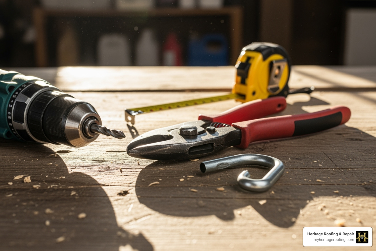 A collection of metal roofing tools including snips, drills, and measuring tape - metal roof installation