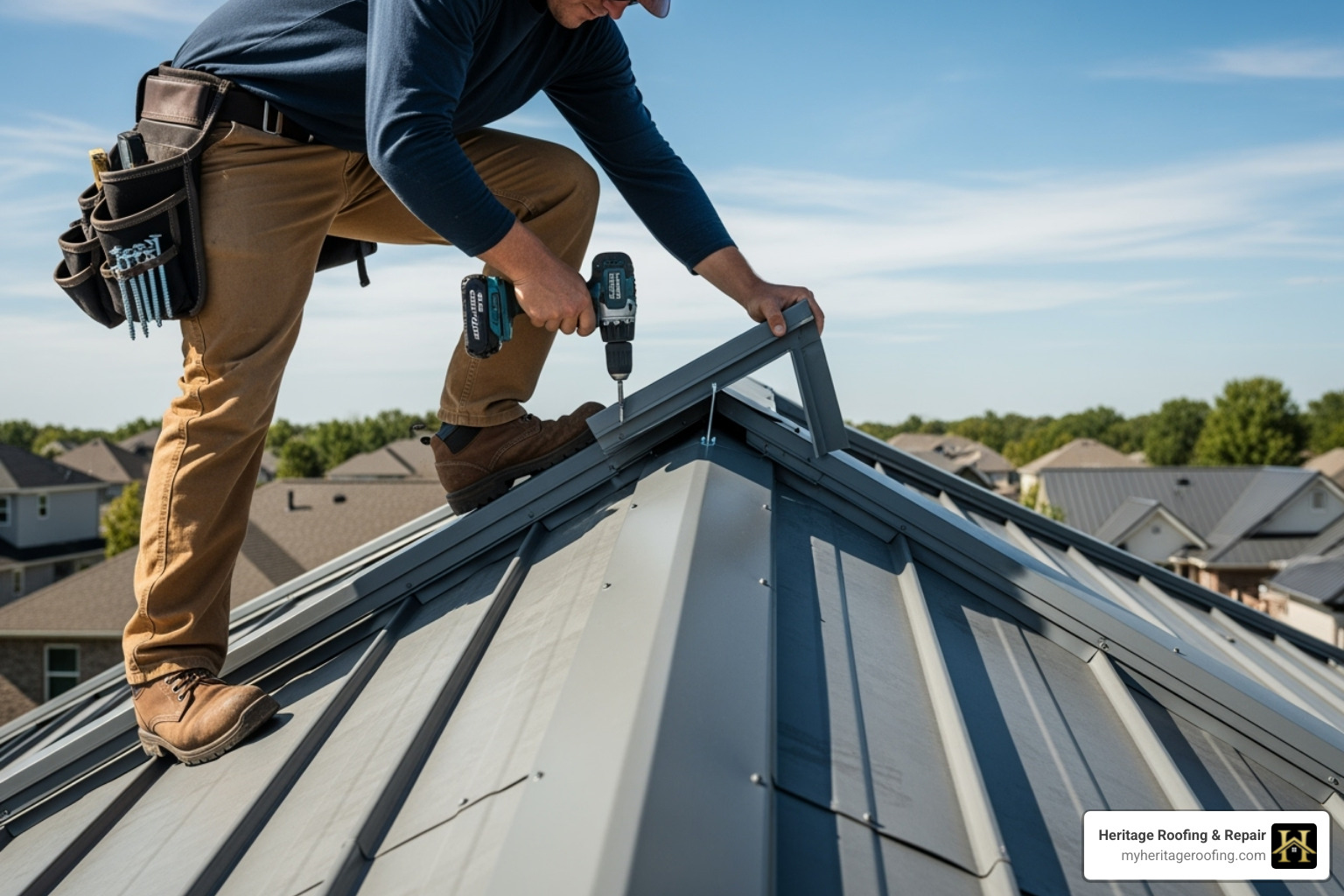 A roofer installing a ridge cap on a metal roof - metal roof installation